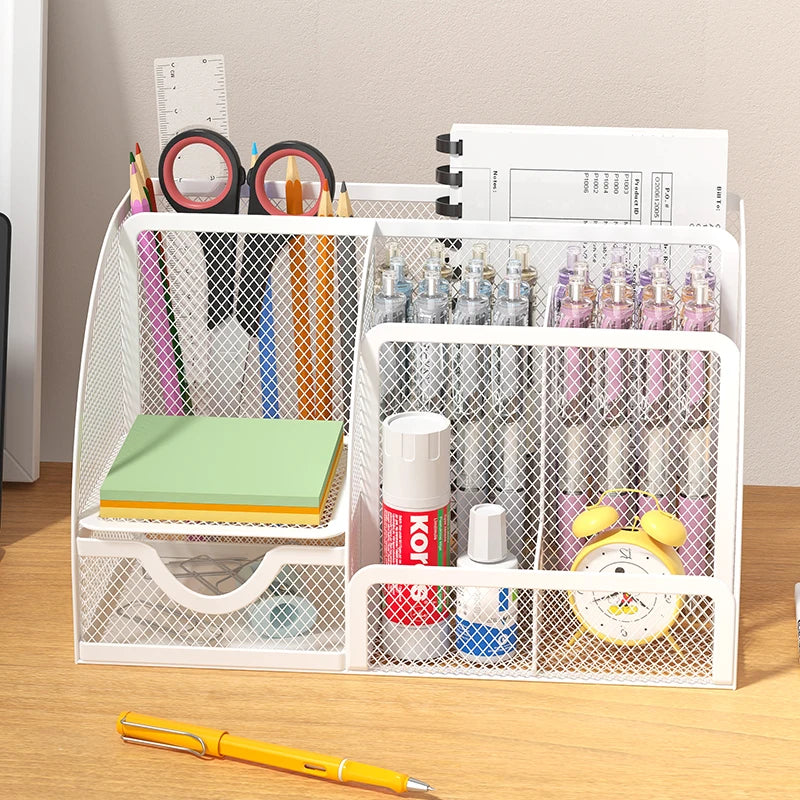 Mesh Pen Holder and Organizer Office Supplies with 7 Compartments, Desktop Organizer with Drawer, Metal Pen Holder for Desk
