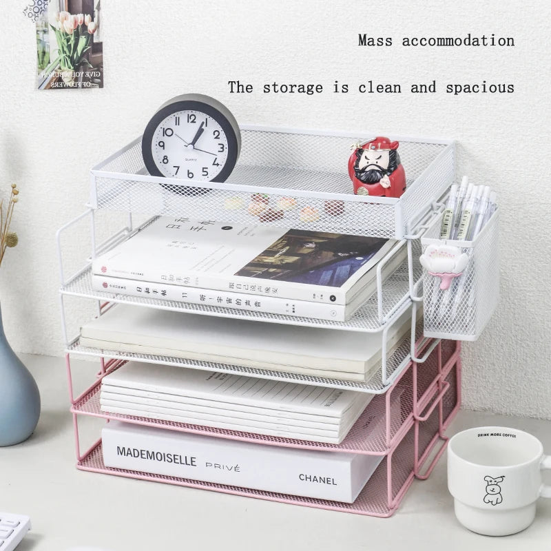 Desk organizer - Stackable paper tray,4 layer pink desk organizer,5 tray metal paper organizer, suitable for desk, file organize