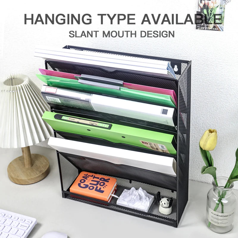 Mesh wall file storage rack 5-layer vertical mounting rack Magazine rack with bottom flat tray, side closed, black