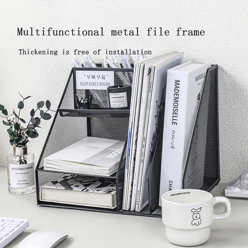 Mesh storage frame multi-functional layer desktop file letter tray for folders, mail, stationery, desk accessories White black