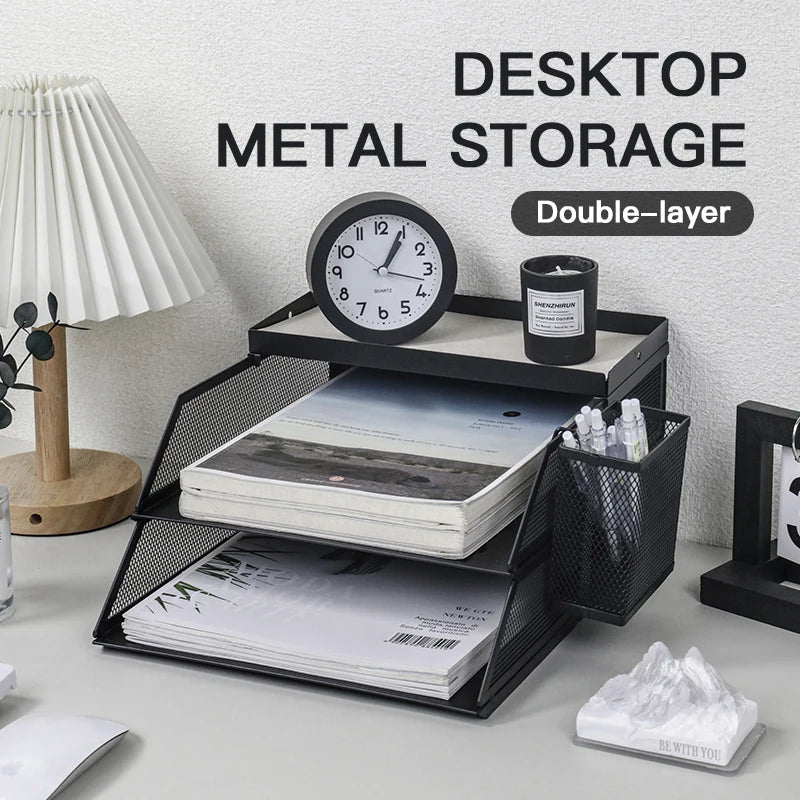 Desk paper tray, paper tray with hanging pen holder, top storage tray with leather pad, metal stackable desktop organize