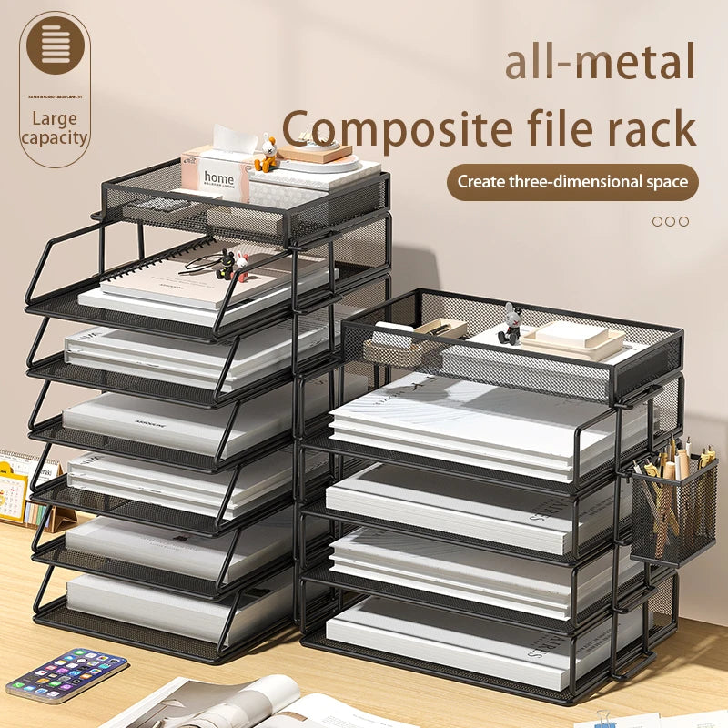Metal desktop file rack, bookcase, office file storage box, multi-layer iron file frame, data storage, folder shelving
