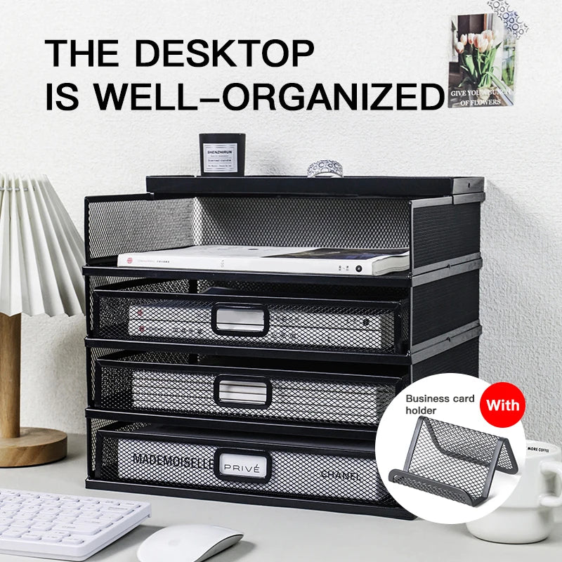 Desk storage rack with drawer, screen storage tray, multi-function classifier file rack, home office supplies storage