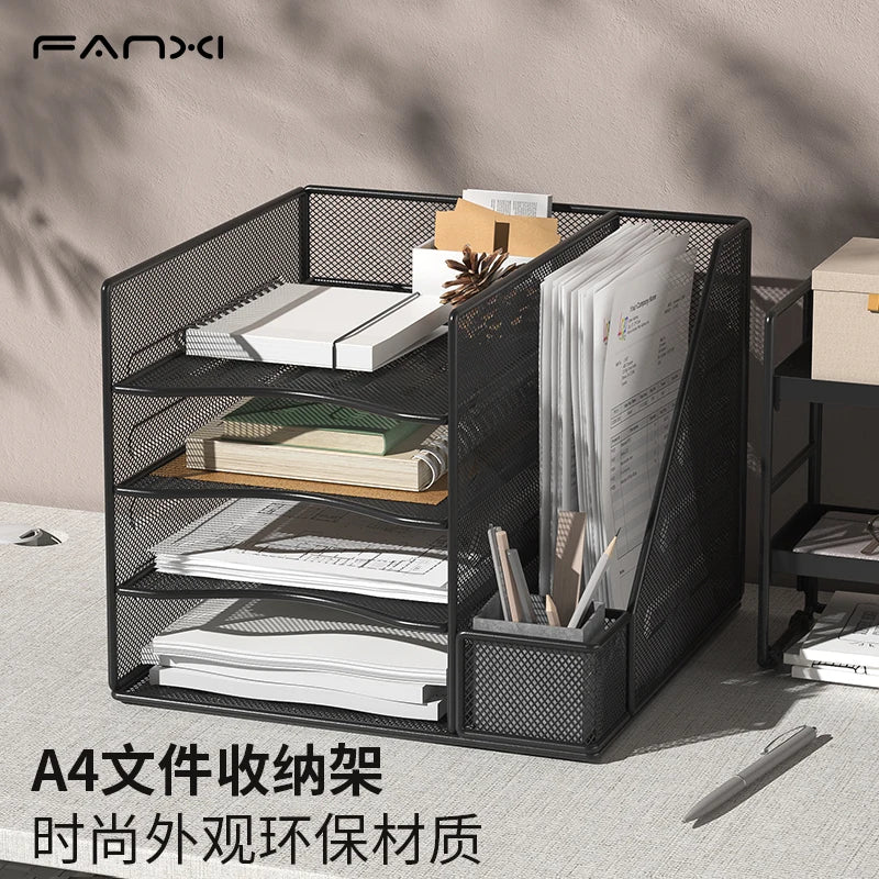 Office desktop file rack metal book stand, multi-functional integrated storage rack office supplies folder storage box organizer