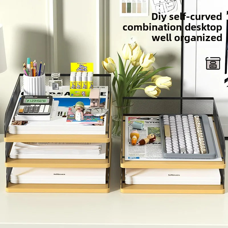 Set of 2 Vintage Wood & Metal Letter Tray,Desk Organizers Paper Tray,Desk Organizer Tray Office File Organizer(Black)