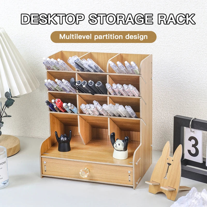 1pc Wooden Desk Organizer Student Stationery Storage Box For Cosmetics School Office And Home Large-Capacity Storage Pen Holder