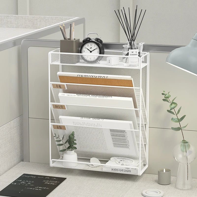 Wall File Organizer Mesh 5 Tier Wall File Holder Desktop Vertical Hanging File Folder Organizer with Bottom Flat Tray