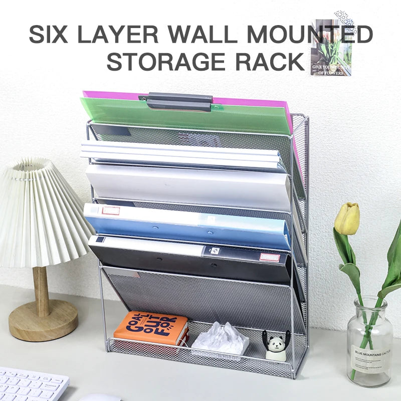 Wall-mounted office storage rack 5-level vertical file/letter rack Rugged mesh design for desktop or cubicle storage, silver