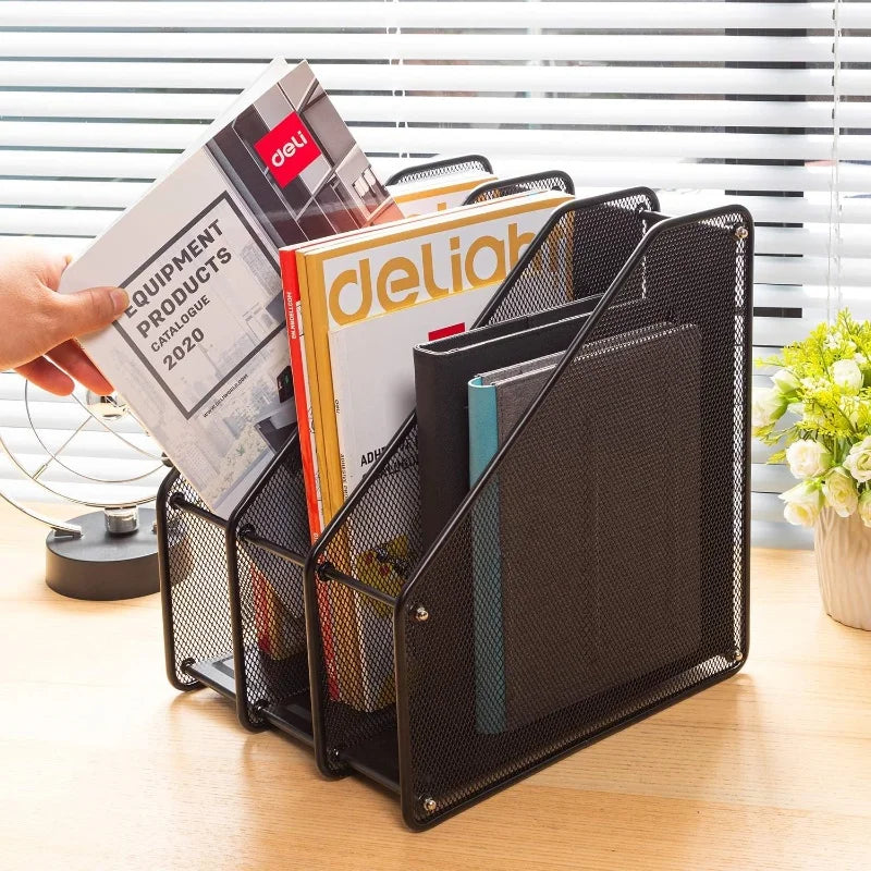 Metal Iron Mesh Quadruple-Column File Rack Four-Gear Bookshelf Data Rack Desktop File Box Four-Grid Metal Multi-Layer File