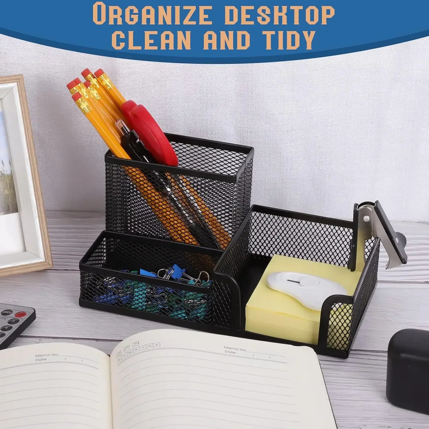 1pcs Mesh Pen Holder Desk Organizers and Accessories for Desk 3 Compartments Black Pencil Holder for Office Supplies
