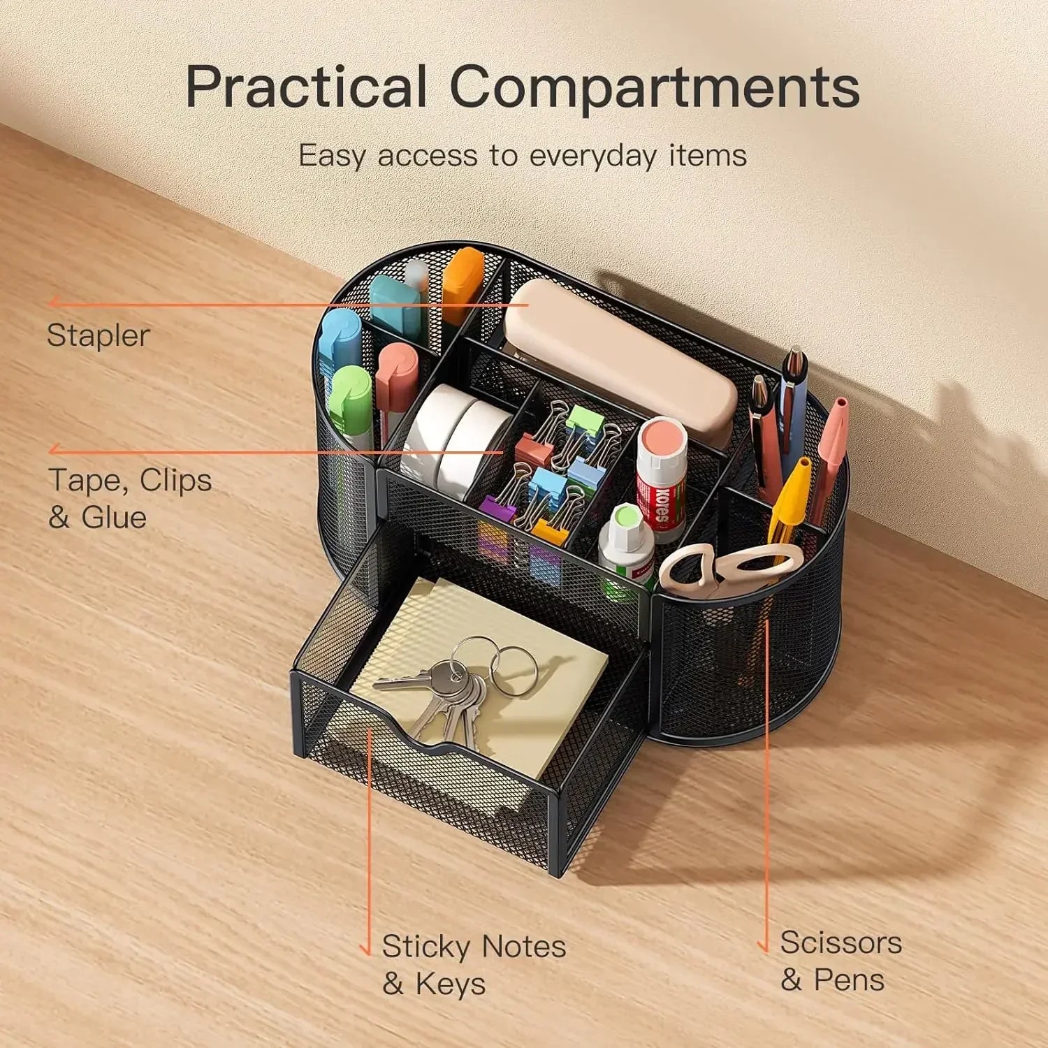 Desk Organizer Mesh Desktop Office Supplies Multi-functional Caddy Pen Holder Stationery with 8 Compartments and 1 Drawer