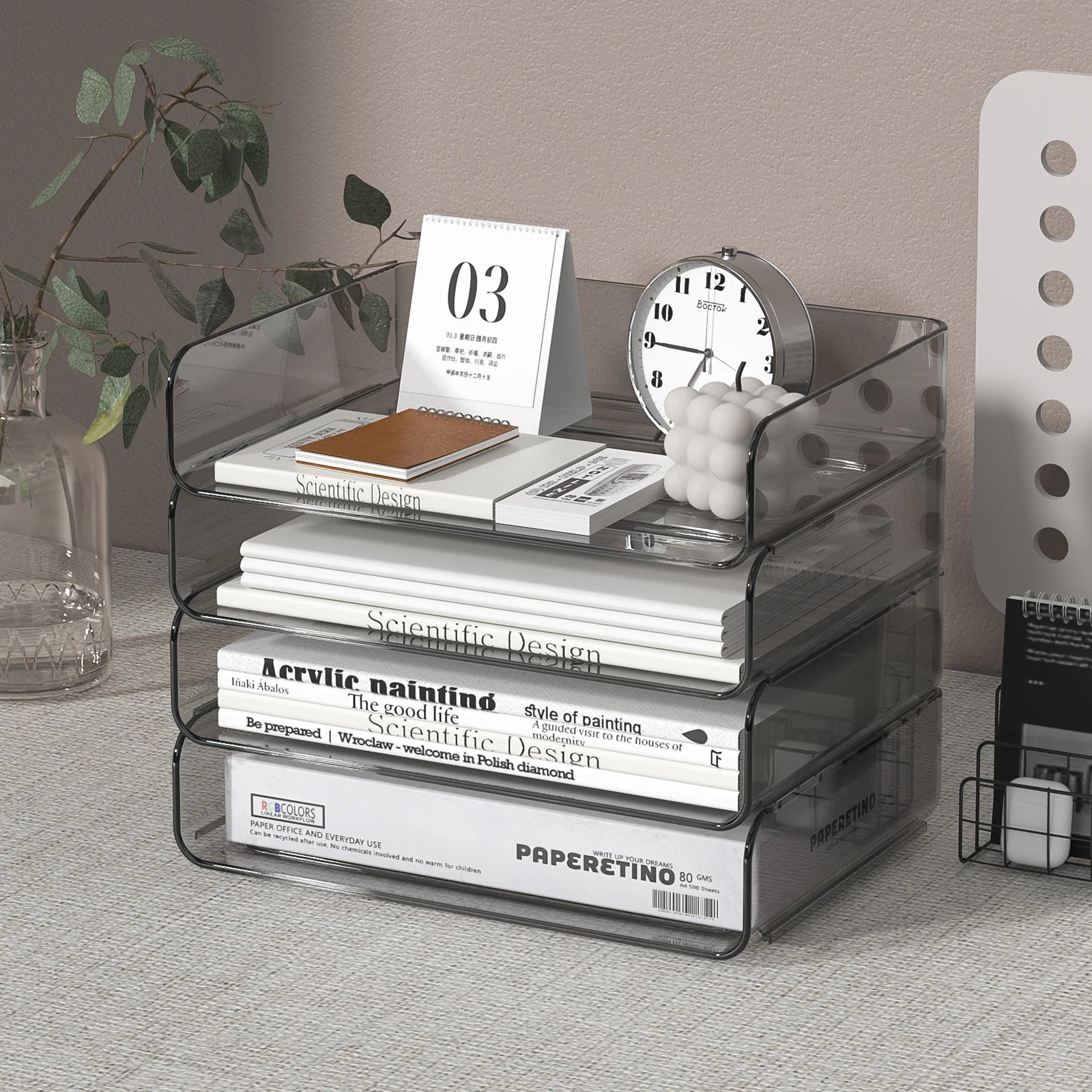 4-Tier Paper Tray Desk Organizer,Paper Organizer with a Pen Holder,Stackable Paper Tray,paper Organizer Paper Tray for File