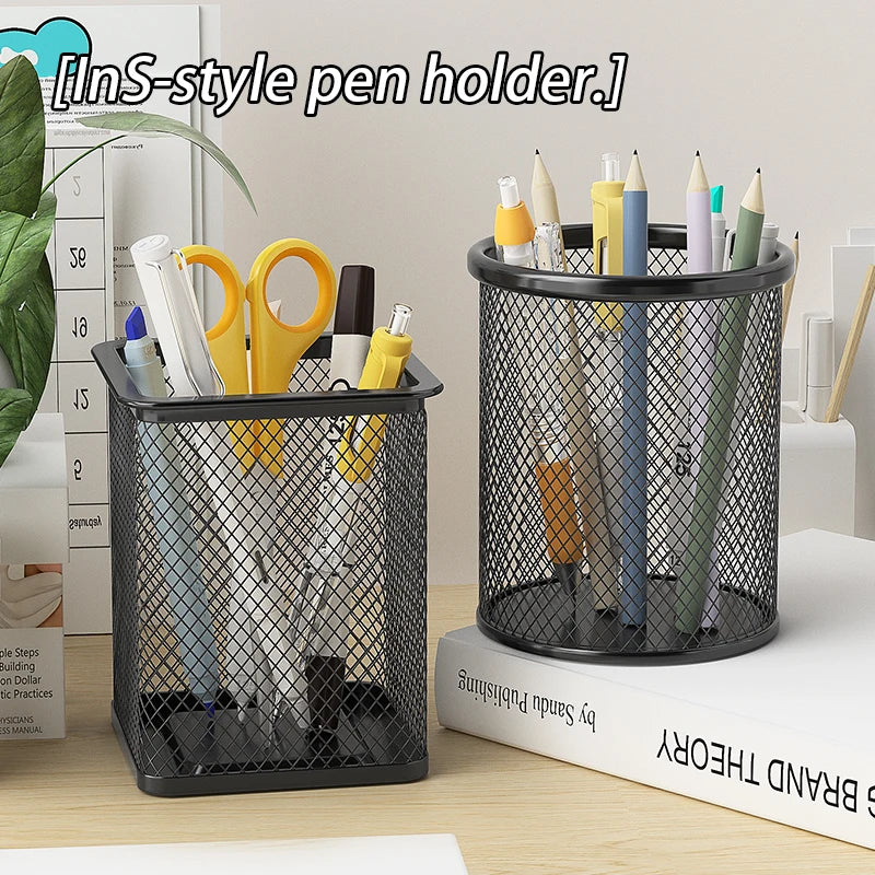 Container Desk Organizer Container Black Desktop Metal Pen Holders Mesh Pencil Cup Pen Case