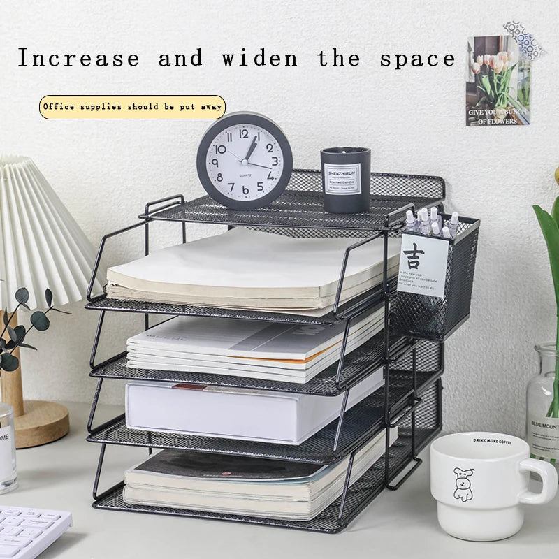 4 Tier Stackable Desktop Document Letter Tray Organizer| The Mesh Collection, Black