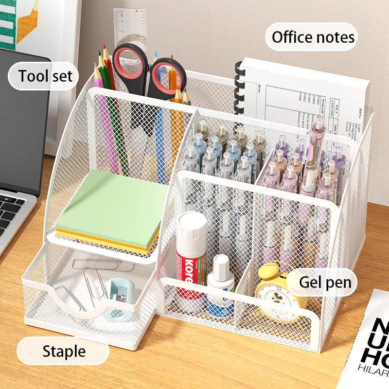 Mesh Desk Organizer Office with 7 Compartments with Drawer Desk Tidy Candy Pen Holder Multifunctional Organizer