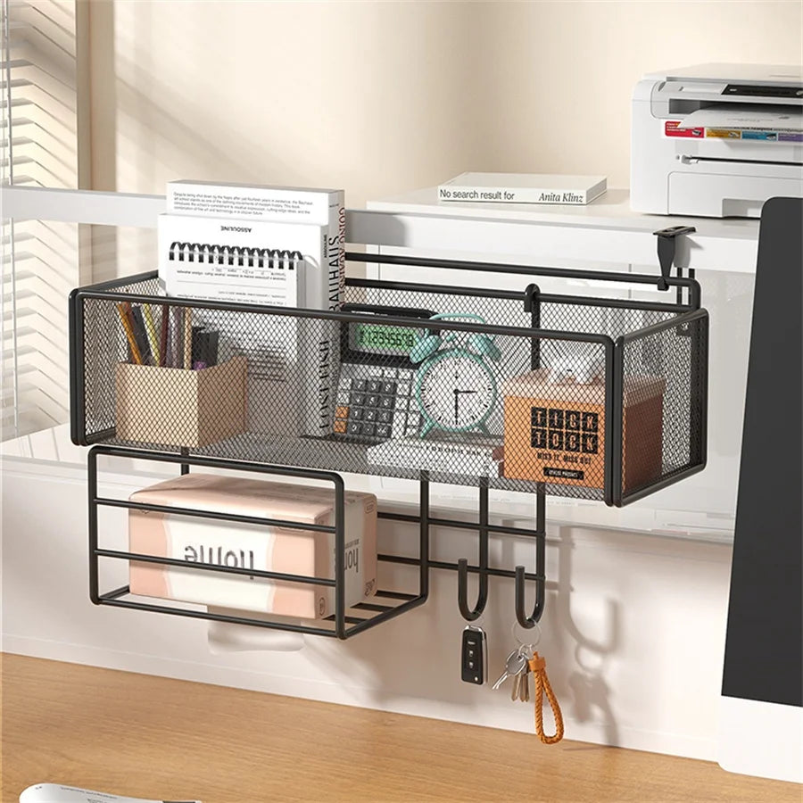 Wall Mount Mail Organizer Double Basket Hanging Letter Sorter with 5 Key Hooks for Entryway/Kitchen/Mudroom/Home/Office, Black
