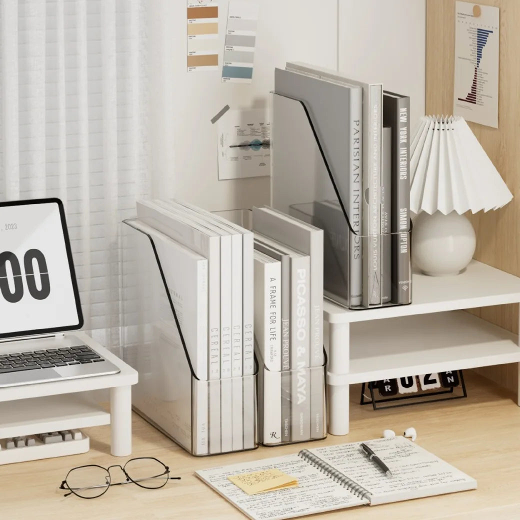 4PCS File Folder Storage Organizer Bin Hold Notebooks, Binders, Envelopes, Magazines for Home Office, Work Desktops, Clear