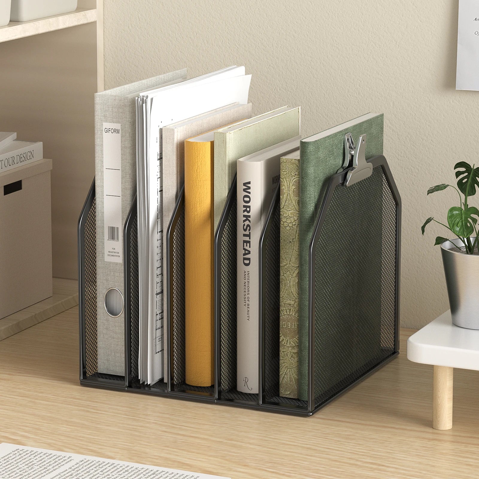Desk File Organizer 5 Sections Upright Mesh Desktop Organizer File Sorter Office Organization File Holder for Home, Office