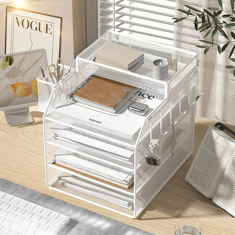 Metal file rack, desktop file storage box, integrated multi-layer document rack, office desk bookshelf, book stand, multi-layer